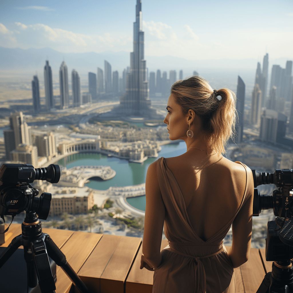 A lady In A Dress Standing Inbetween Two Camera's